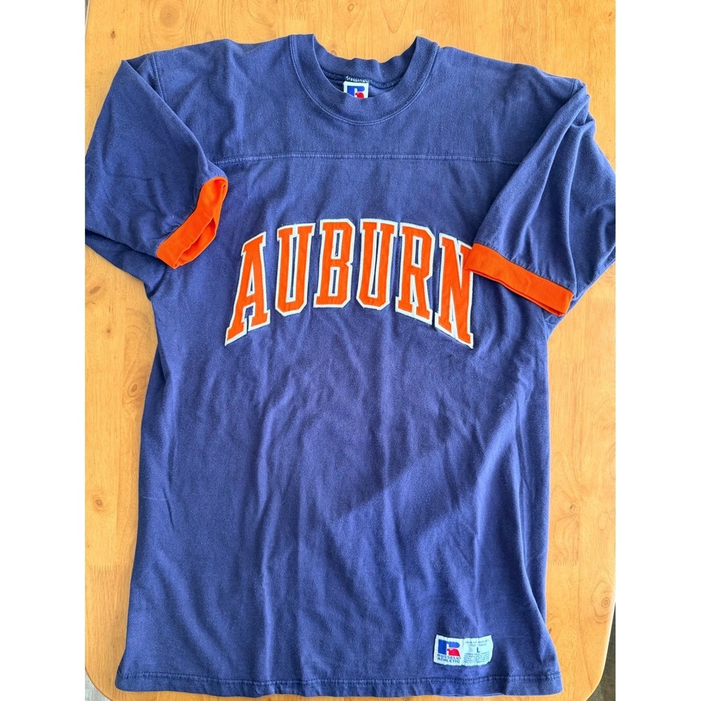 Vintage Russell Athletic Auburn Tigers Jersey T-Shirt Navy‎ Orange Made in USA L
